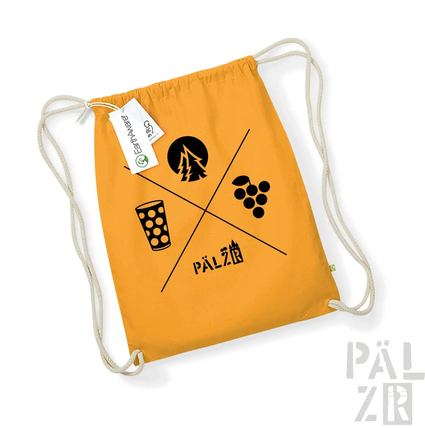 Orange Rucksack mit Kordelzug, schwarzem Logo und Designelementen.
