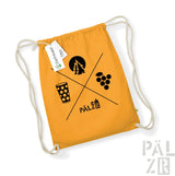 Orange Rucksack mit Kordelzug, schwarzem Logo und Designelementen.