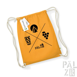 Orange Rucksack mit Kordelzug, schwarzem Logo und Designelementen.