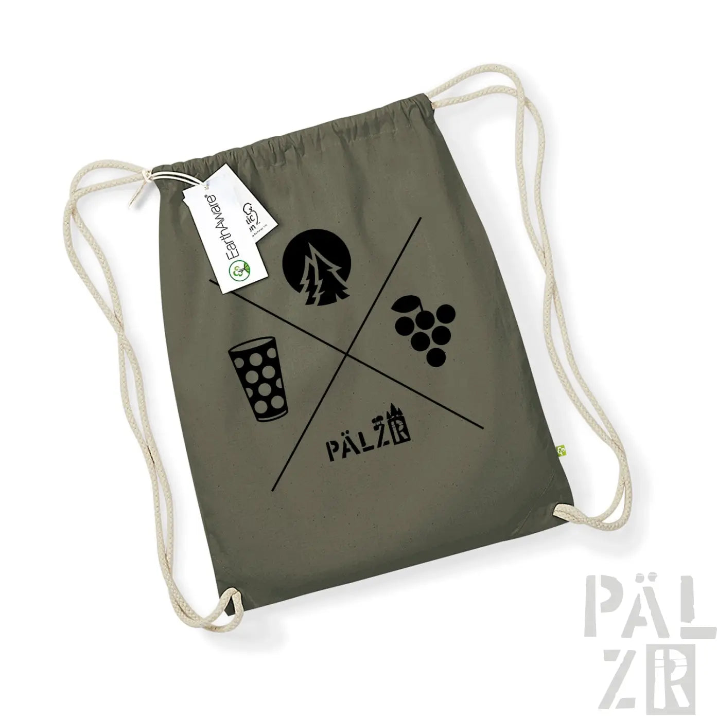 Olivgrüner Rucksack mit Kordelzug, schwarzem Logo und Designelementen.