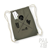 Olivgrüner Rucksack mit Kordelzug, schwarzem Logo und Designelementen.