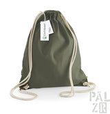 Olivgrüner Rucksack mit Kordelzug, weißer Schnur und Etikett, Marke earthaware.