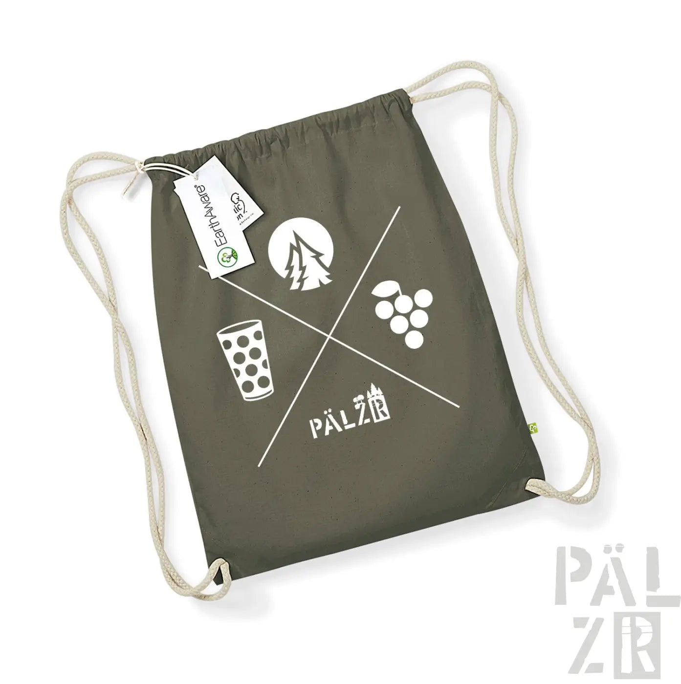 Olivgrüner Rucksack mit Kordelzug und weißem Baum- und Wein-Design, ’pälzr’ Logo.