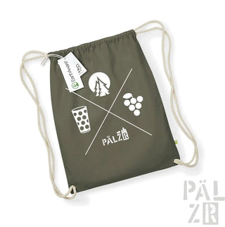 Olivgrüner Rucksack mit Kordelzug und weißem Baum- und Wein-Design, ’pälzr’ Logo.