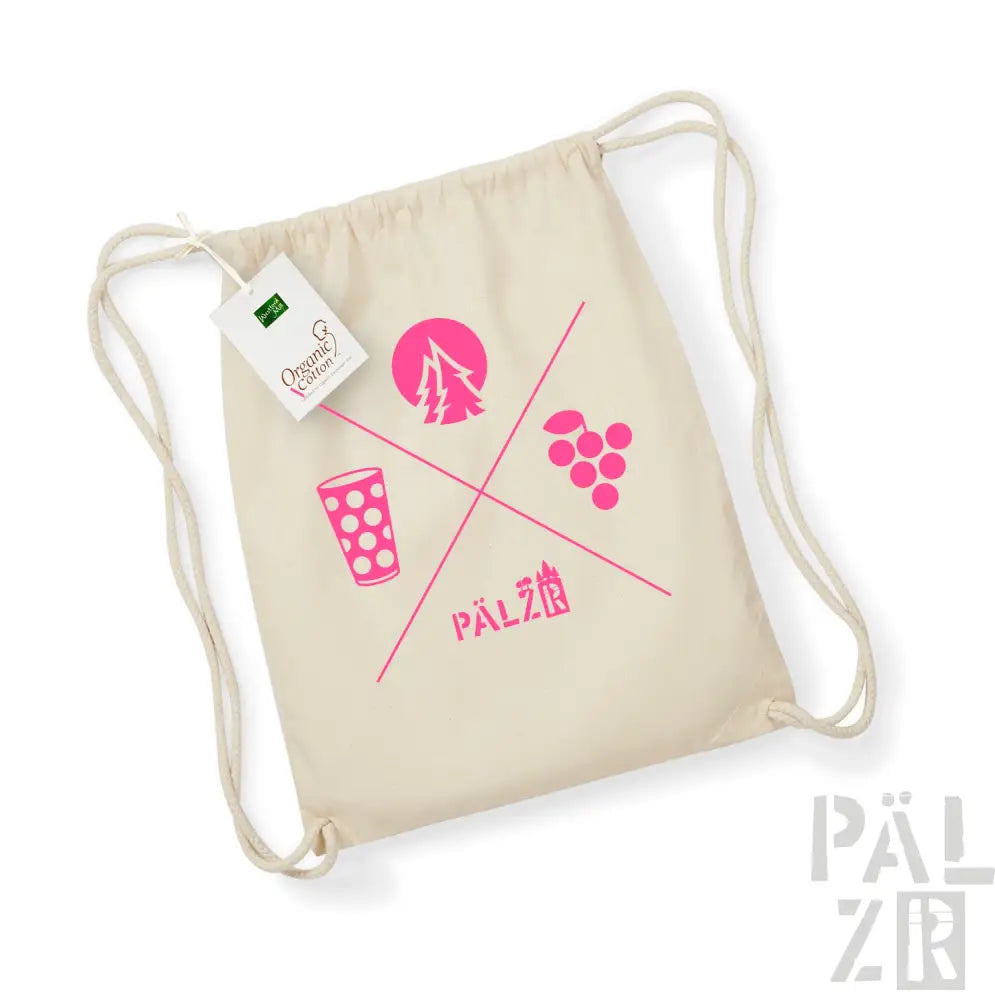 Canvas-Rucksack mit Kordelzug und pink-weißem Design mit einem Baum, Trauben und einem Becher.