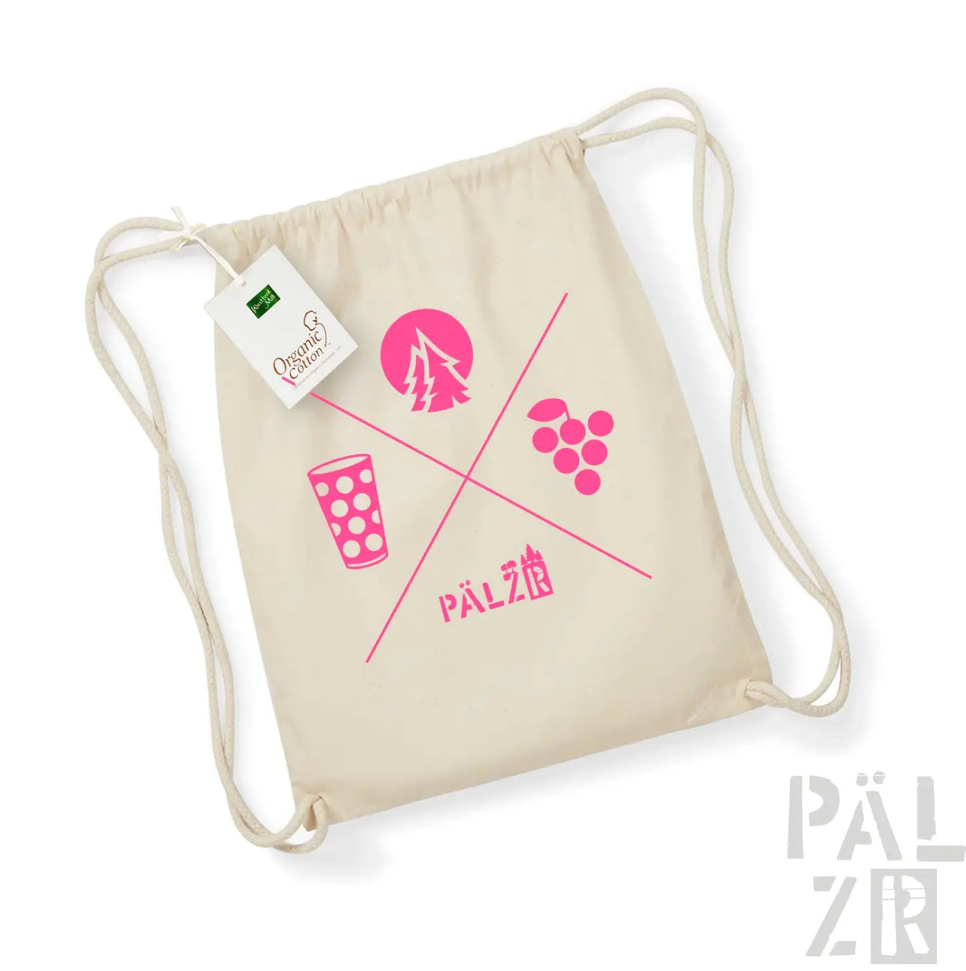 Canvas-Rucksack mit Kordelzug und pink-weißem Design mit einem Baum, Trauben und einem Becher.