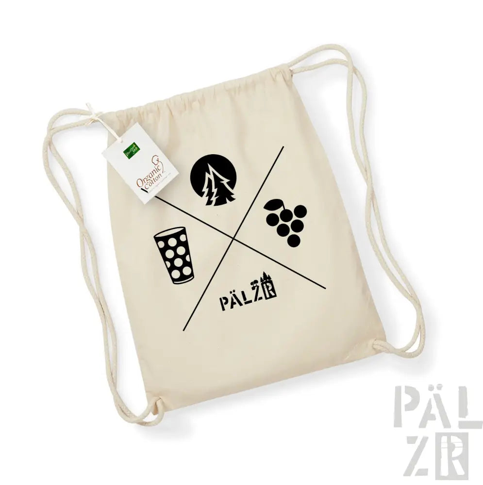 Natürliche Farbe Rucksack mit Kordelzug, schwarzem Logo und Designelementen.