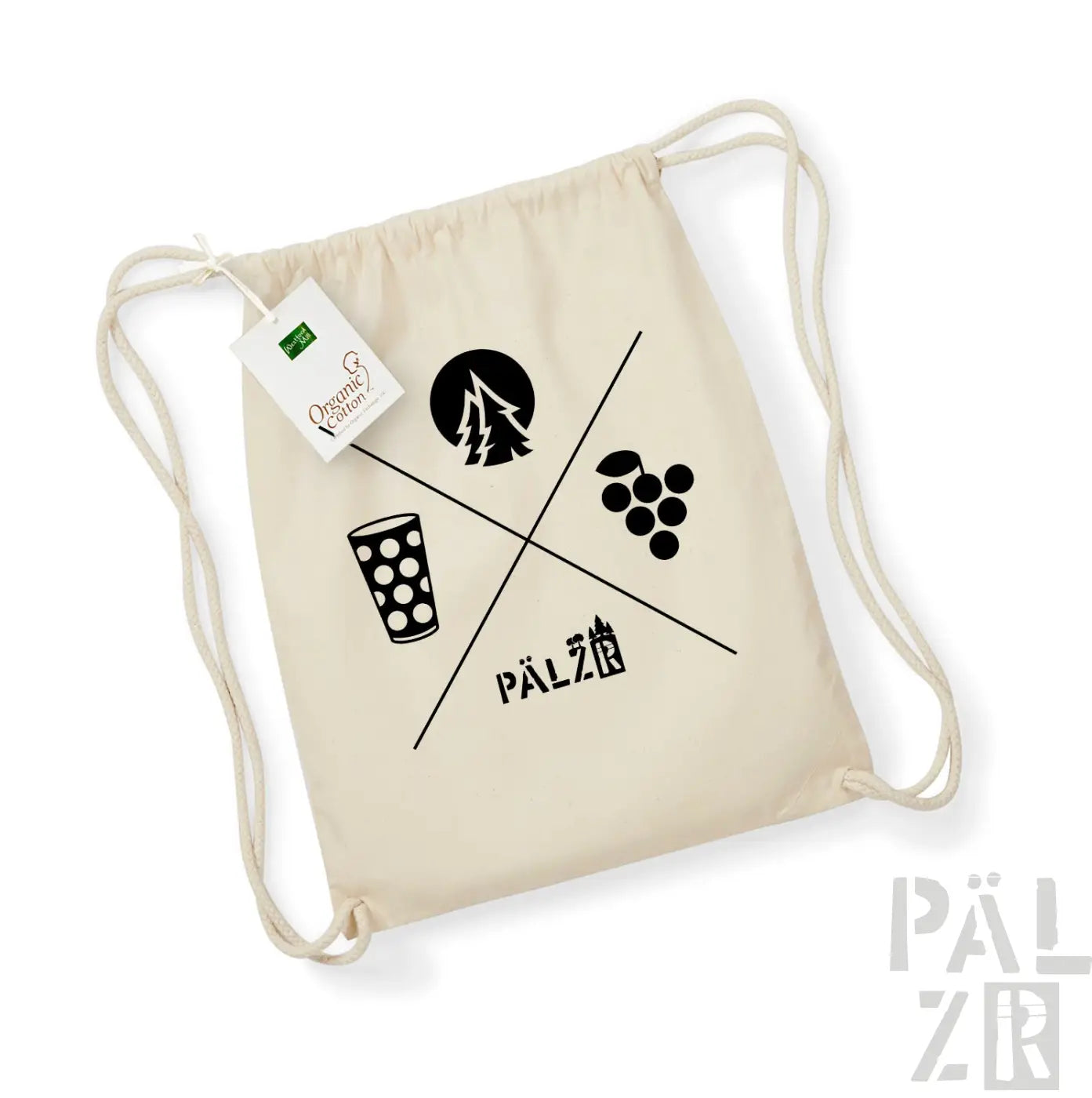 Natürliche Farbe Rucksack mit Kordelzug, schwarzem Logo und Designelementen.
