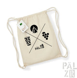 Natürliche Farbe Rucksack mit Kordelzug, schwarzem Logo und Designelementen.