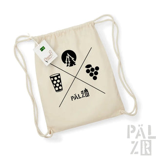 Natürliche Farbe Rucksack mit Kordelzug, schwarzem Logo und Designelementen.