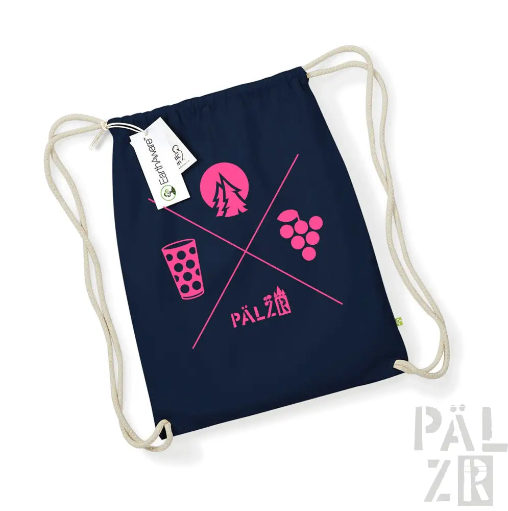 Marineblauer Rucksack mit Kordelzug und pinken und weißen Akzenten, mit einem Kreuzmuster aus Getränke-Icons.