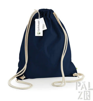 Marineblauer Rucksack mit Kordelzug, weißen Seilgriffen und einem kleinen Etikett.