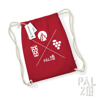 Roter Rucksack mit Kordelzug, weißem Logo und Designelementen, darstellend ein Glas Bier, Trauben und Bäume.