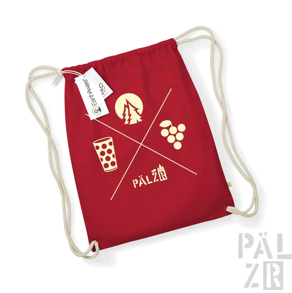 Roter Rucksack mit Kordelzug, weißem Logo und Design-Elementen, das einen Querschnitt von Outdoor-Aktivitäten zeigt.