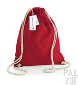 Roter Rucksack mit Kordelzug, weißen Seilgriffen und Etikett, Marke earthaware.