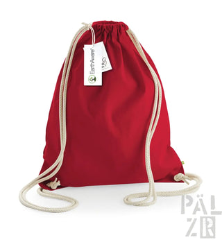 Roter Rucksack mit Kordelzug, weißen Seilgriffen und Etikett, Marke earthaware.