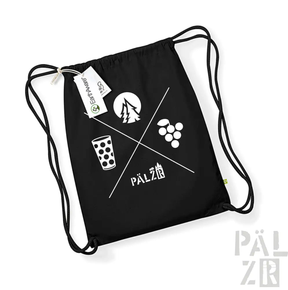 Schwarzer Rucksack mit Kordelzug, weißem Logo und Designelementen.