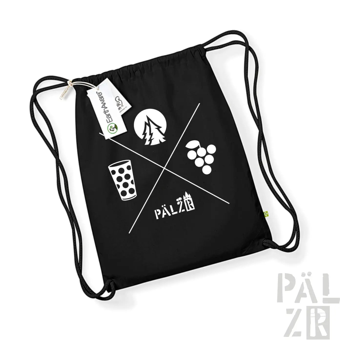 Schwarzer Rucksack mit Kordelzug, weißem Logo und Designelementen.