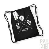 Schwarzer Rucksack mit Kordelzug, weißem Logo und Designelementen.