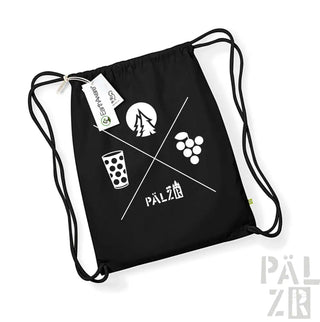 Schwarzer Rucksack mit Kordelzug, weißem Logo und Designelementen.