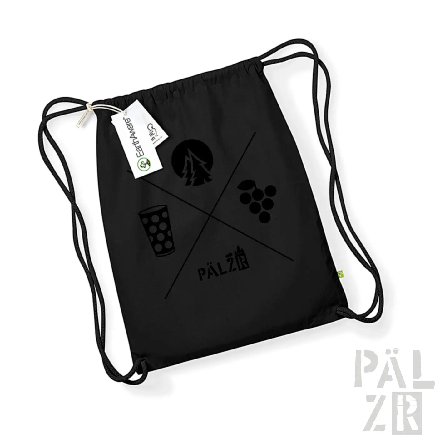 Schwarzer Rucksack mit Kordelzug, weißem Logo und Design-Elementen.