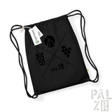 Schwarzer Rucksack mit Kordelzug, weißem Logo und Design-Elementen.