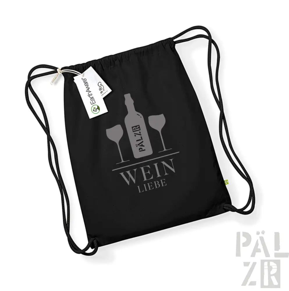 Schwarzer Rucksack mit Kordelzug und weinbezogenem Design, mit einer Flasche und zwei Gläsern.