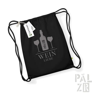 Schwarzer Rucksack mit Kordelzug und weinbezogenem Design, mit einer Flasche und zwei Gläsern.