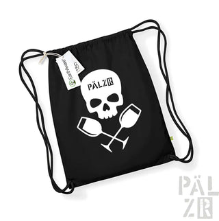 Schwarzer Rucksack mit Kordelzug und Totenkopf- und Weinglas-Design, weißes Logo ’pälzr’ auf der Vorderseite.