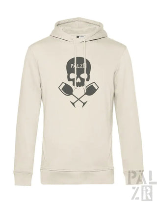 Cremeweiße Kapuzenjacke mit Totenkopf- und gekreuzten Schlägel-Design, mit ’palzr’ Markenname.