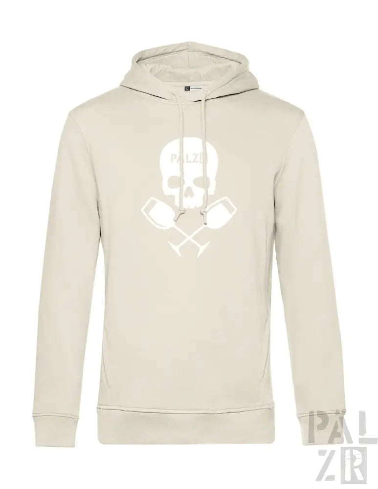 Cremeweiße Kapuzenjacke mit Totenkopf- und Kreuzknochen-Design, mit Kordelkapuze.