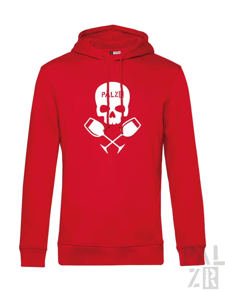 Rote Kapuzenjacke mit Totenkopf- und gekreuzten Schlägel-Design, Baumwollmaterial.