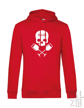Rote Kapuzenjacke mit Totenkopf- und gekreuzten Schlägel-Design, Baumwollmaterial.