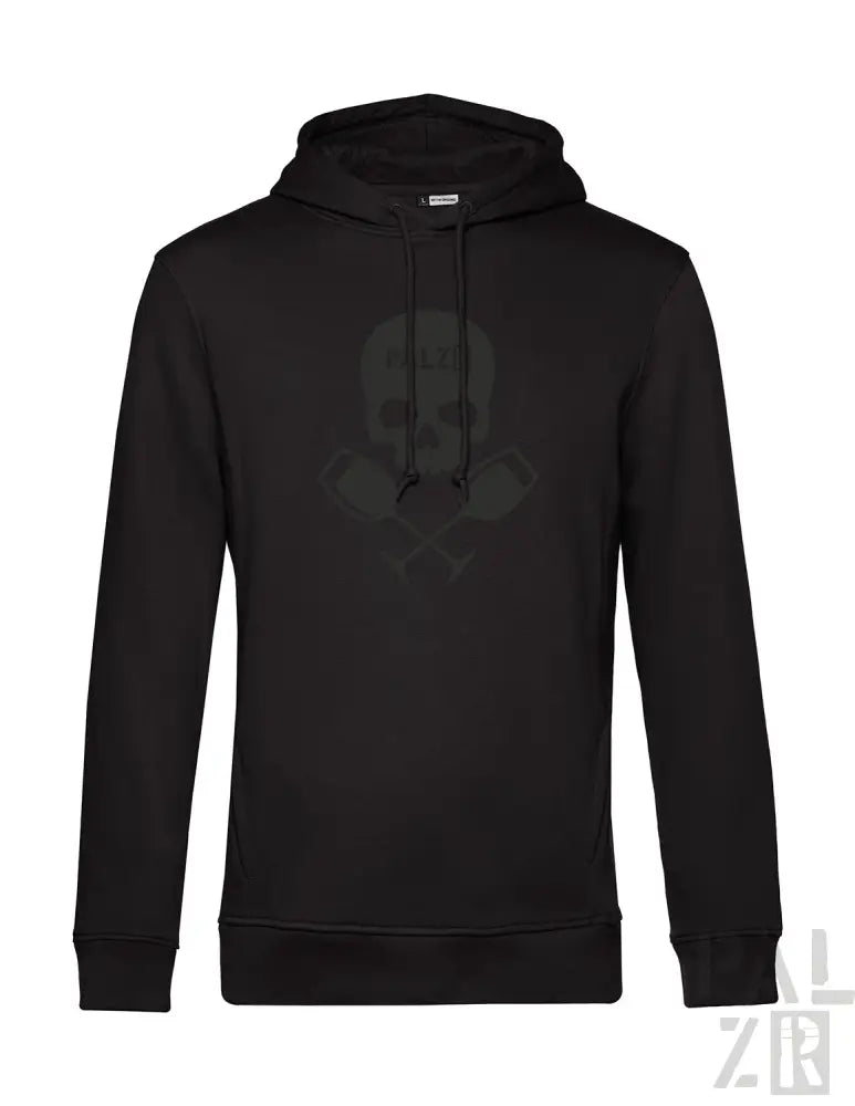 Schwarze Totenkopf-Hoodie mit Kapuze und Kordelzügen, aus Fleece-Material gefertigt.