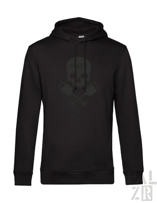 Schwarze Totenkopf-Hoodie mit Kapuze und Kordelzügen, aus Fleece-Material gefertigt.