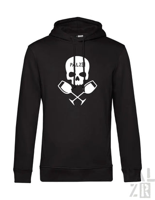 Schwarze Kapuzenjacke mit Totenkopf- und gekreuzten Schlägel-Design, ’palz’-Text auf der Brust.