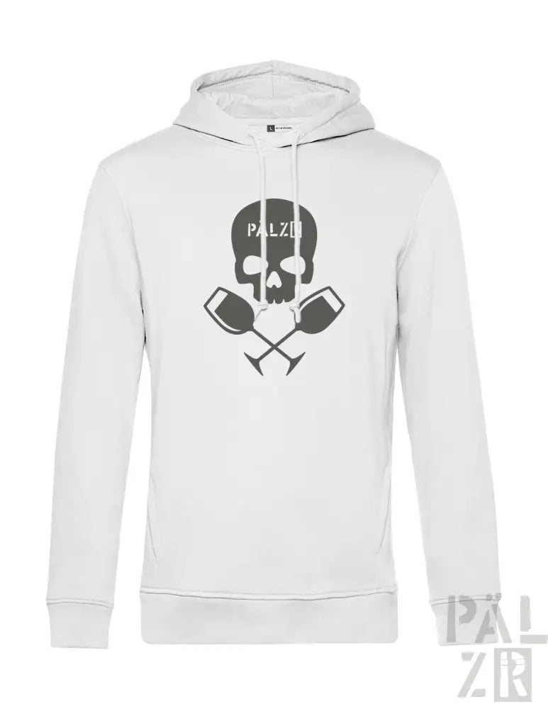 Weiße Kapuzenjacke mit Totenkopf- und gekreuzten Paddel-Design, Marke ’palzo’.