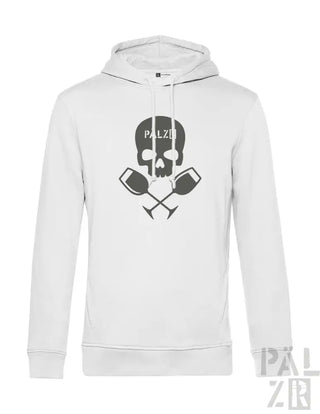 Weiße Kapuzenjacke mit Totenkopf- und gekreuzten Paddel-Design, Marke ’palzo’.