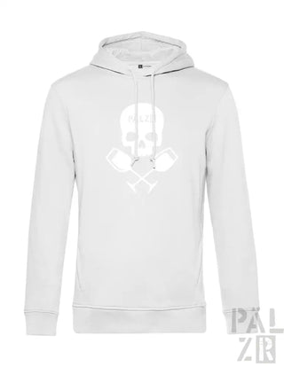 Weiße Kapuzenjacke mit Totenkopf- und Kreuzknochen-Design, aus Baumwolle.