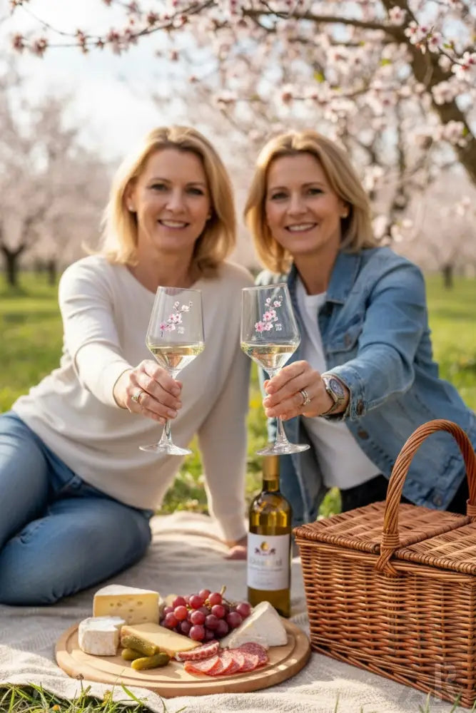 Zwei Frauen heben klare Weingläser mit zarten rosa Kirschblüten-Aufklebern, gefüllt mit Weißwein.