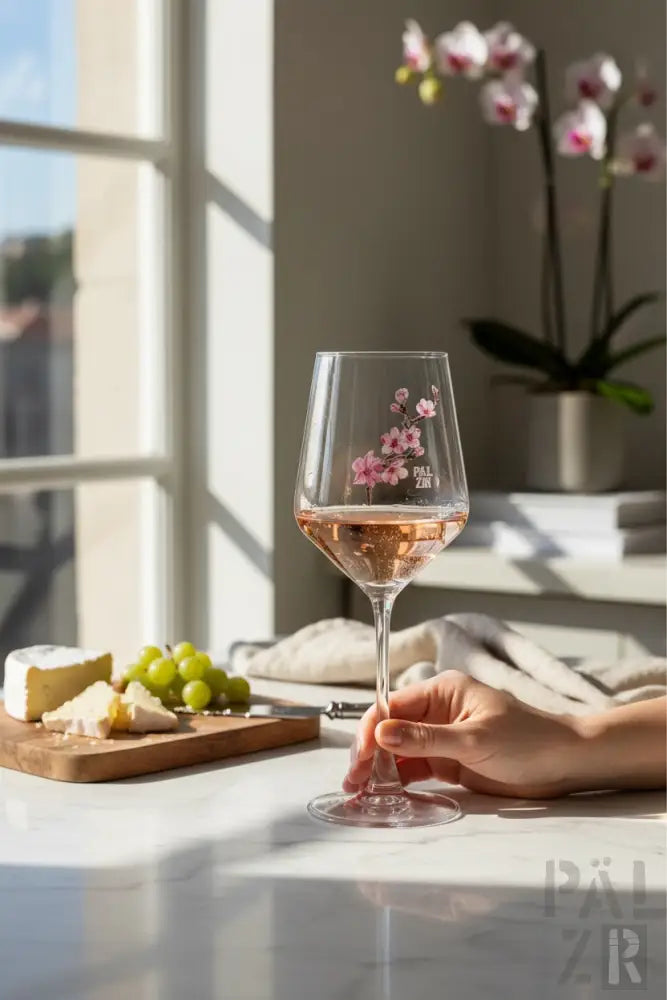 Ein klares Glas-Weinkelch mit zarten rosa Kirschblüten-Aufklebern und einem subtilen ‚m.