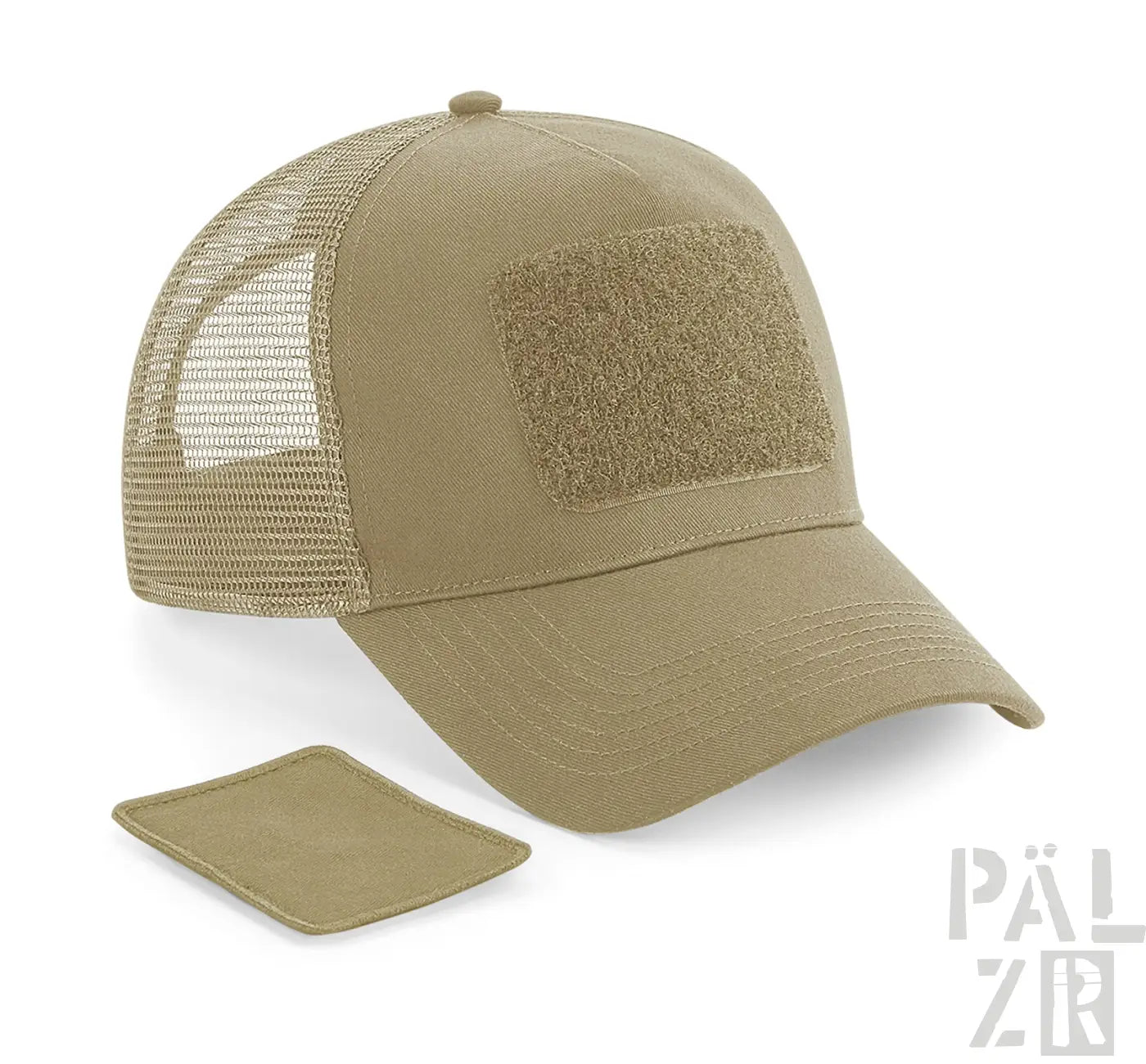 Tan taktische Trucker-Kappe mit Netzrücken und Klettpatch, pälzr Marke.