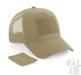 Tan taktische Trucker-Kappe mit Netzrücken und Klettpatch, pälzr Marke.
