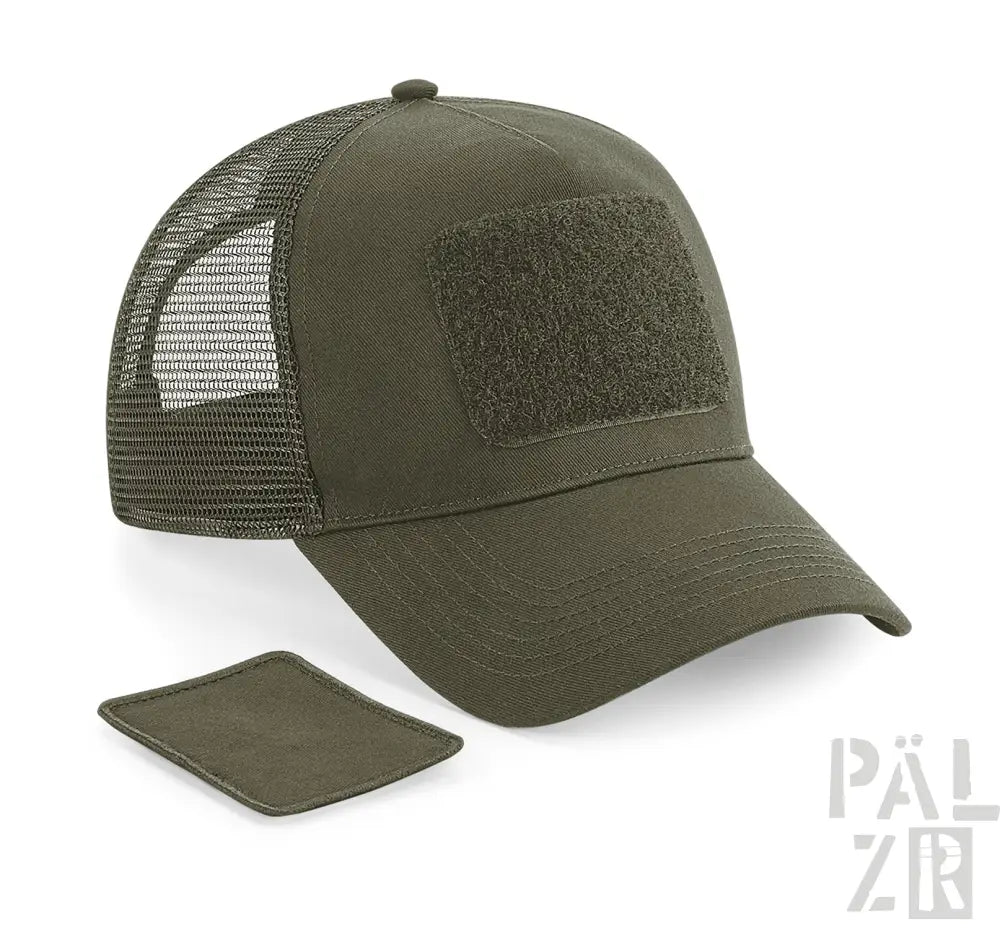 Olivgrüner taktischer Trucker-Cap mit Mesh-Rücken und Klett-Patch, pälzr Marke.