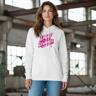 Weißes Hoodie mit pinkem ’drift dewarper’ Grafikdesign.