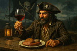 Ein Pirat, der ein Glas Rotwein hält, mit einer Mahlzeit aus Wurst und Brot auf einem Teller vor ihm.