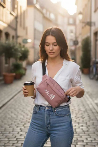 Rosa Hüfttasche mit ’p.a.l’-Text und Tragegurt