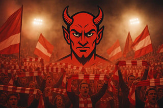 Roter Teufel-Maskottchen über einer jubelnden Menschenmenge mit Flaggen und Schals.