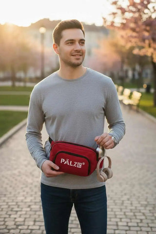 Rote Hüfttasche mit ‚pálzs‘-Logo und Kopfhörer-Design, Polyester-Material.