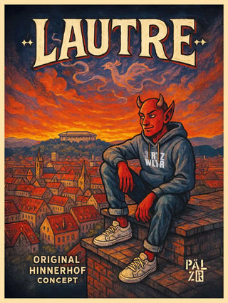 Ein roter Dämon mit Hautfarbe, der einen grauen Hoodie, blaue Jeans und weiße Turnschuhe trägt und auf einer Backsteinmauer sitzt.